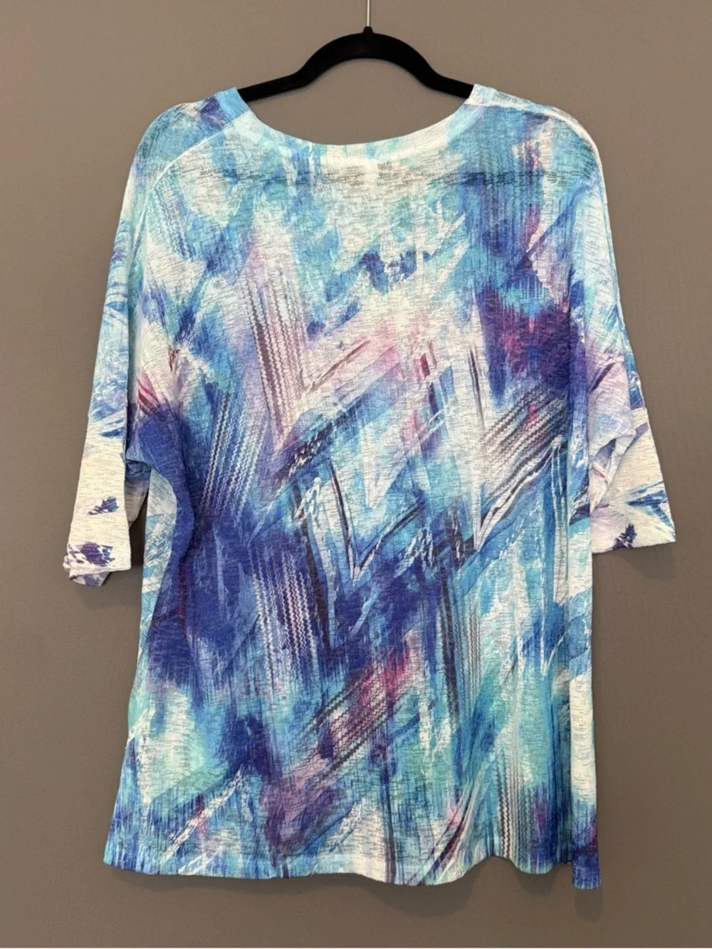 Jess & Jane Abstract Print Knit Coverup Top Blue Purple Short Sleeve Small - Picture 2 of 7
